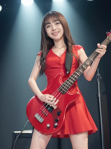 Japanese female, (underweight), (flat chest best quality:1.5), 30 years old, (cheerful grin:1.1),
live house, electric bass player, standing, wavy hair, (red dress), with a electric bass, Japanese, (full body shot:1.2), (low angle shot), soft lighting, (spot lighting:1.4)
