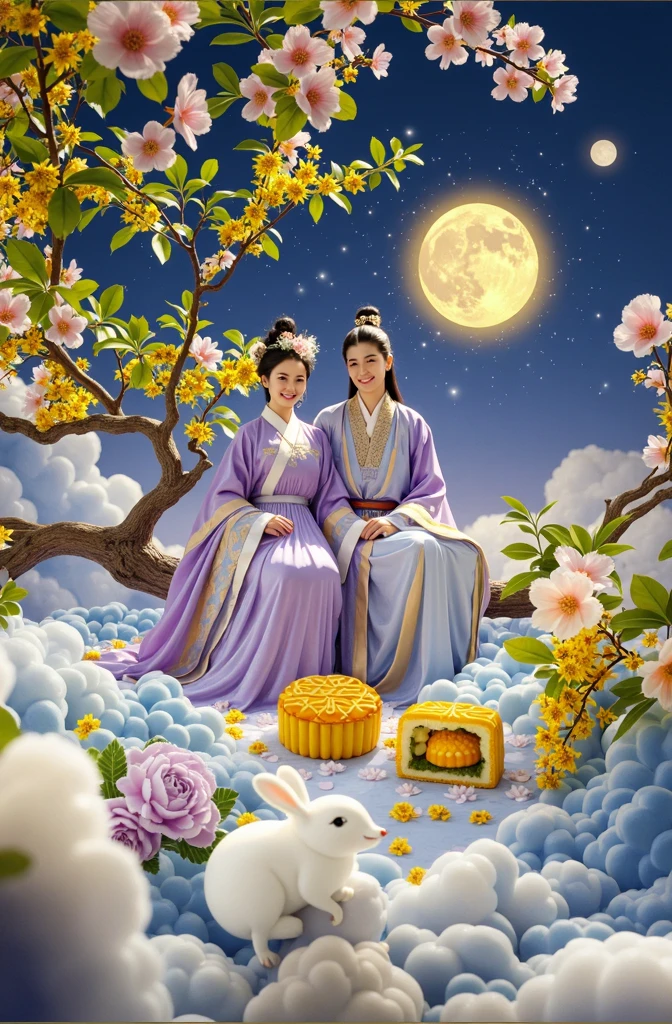 (Mid-Autumn Festival:1.5)，An elegant couple in ancient China，Dressed in gorgeous Hanfu，Purple floats like clouds in the moonlight，Sitting on a laurel tree full of stars，Smiling and holding hands，Starry Sky，Macro lens，moon cake，osmanthus tree，半个moon cake流心，The moon hangs in the sky，Osmanthus scattered on the desktop，The background is a night view of the starry sky，They are surrounded by colorful flowers。This is a fantasy scene style，Flowing