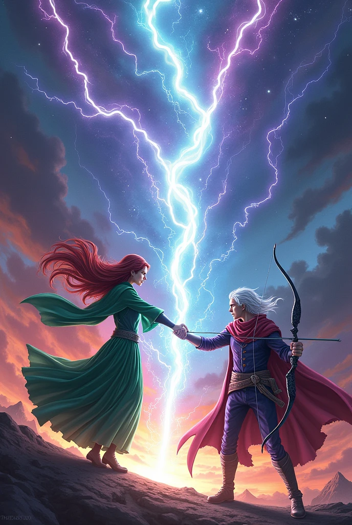 "Amidst a fantastical cosmic backdrop, Seraphina and Raven join forces to unleash a cataclysmic assault. Seraphina, with her elegant green robe and long red hair cascading beneath her green headscarf, stands poised as she channels her 'Ultima' spell. The rainbow-colored beam of magic spirals upwards, illuminating the scene with vivid hues. Raven, in his deep purple leather armor and with silver hair flowing, stands beside her, drawing his black bow to unleash 'Stormbringer Arrow.' The lightning bolt from his arrow merges with Seraphina’s spell, creating a powerful storm of multicolored lightning and energy that sweeps through the vertical space. The scene is captured with dramatic intensity, highlighting the synergy between their magic and the overwhelming force of their combined attack."