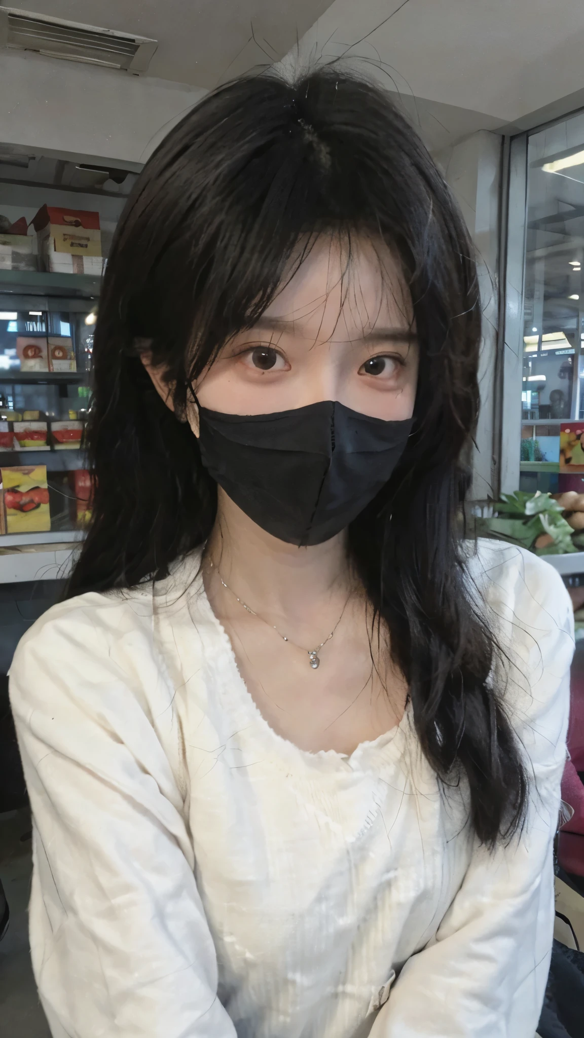 wear mask,Best quality,wear mask,Ultra-high resolution,(Realism:1.4),wear mask,Cute hairpins,girll,Cropped black sweater,wear mask,Look directly at the audience,Full of atmosphere,Beautiful woman with a slim figure:1.4,supermarket,whole body,Super delicate face,Exquisite eyes,Double eyelids,necklace