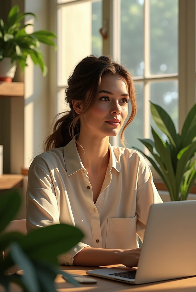 (photorealism: 1:2), beautiful woman, sitting on her desk, women's casual wear, brown hair, lsimple and sophisticated hairstyle, indoors, soft lighting, plants in background, window with sunlight, cozy work office, relaxed pose, realistic, intricate details, warm colors, during a visio meeting,