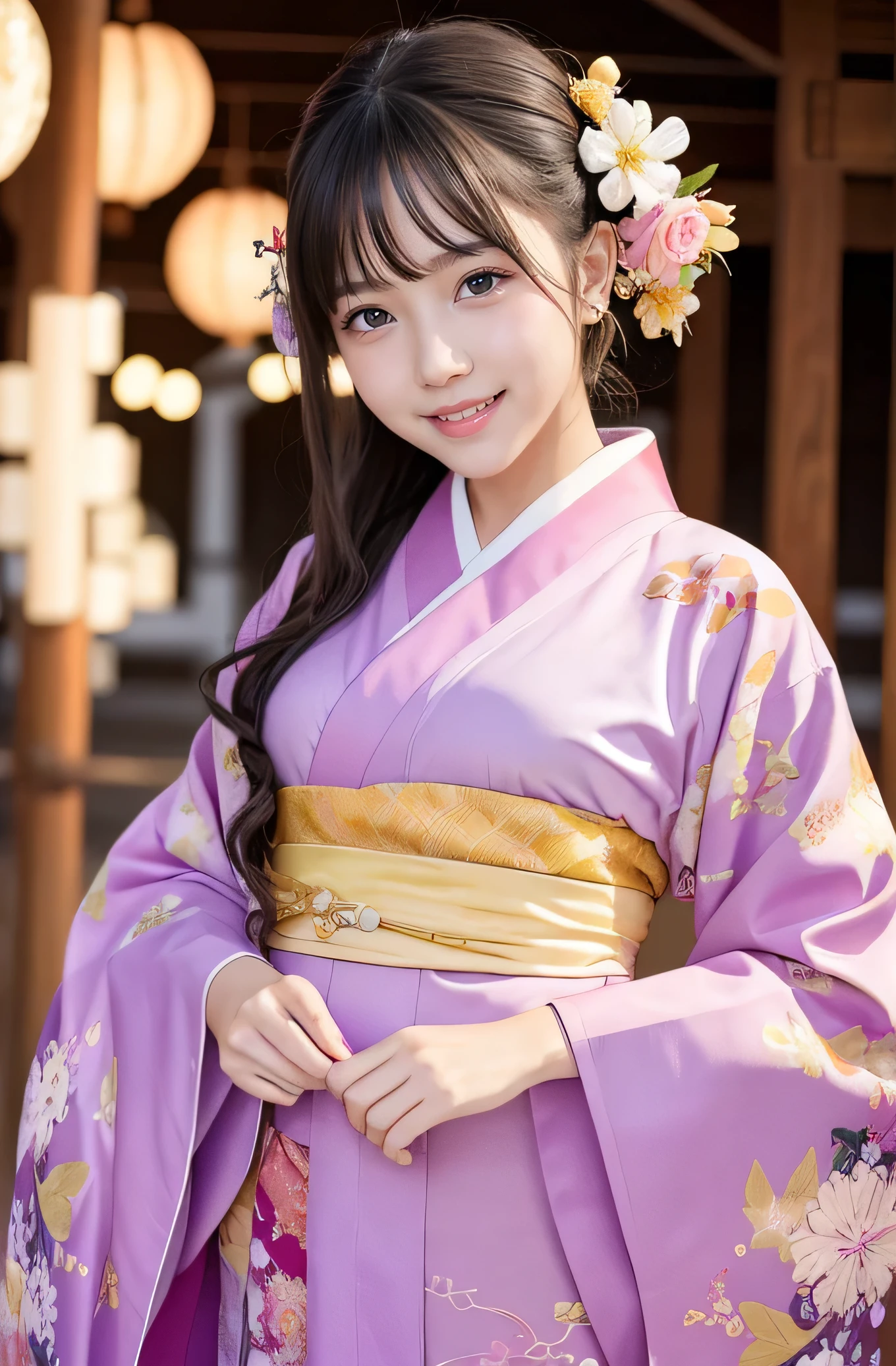 very cute girl, super cute face,clear attractive eyes, detailed Beautiful eyes,smiling, realistic photograph,gorgeous flamboyantly colored long sleeves kimono,
furisode ,very beautiful kimono,
Costume lighting