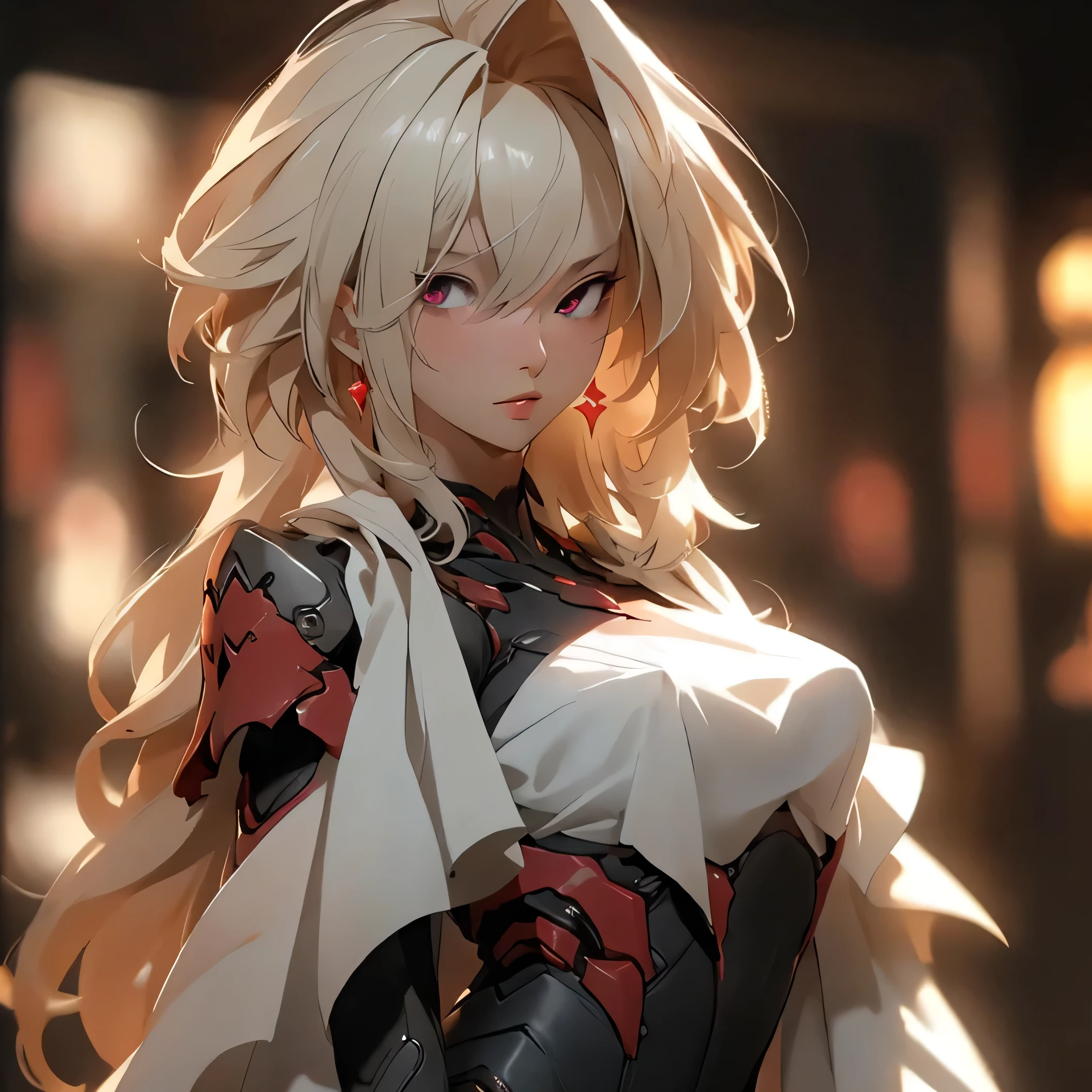 (best quality)), ((Masterpiece)), (details:1.4), 3d, HDR (high dynamic range), an image of a beautiful cyberpunk female, Blonde hair, Curtain Bangs, Red eyes, hips up, จมูกโด่ง, ปากแดง, หน้าอกใหญ่, nvidia RTX, PBR surface, After processing, Anisotropic filtration,depth of field, Maximum clarity and clarity, multi-layered surface, Subsurface scattering, perfect proportions, 8K raw files, ultra detailed, Perfect proportions, volumetric lighting, soft lighting, Holy Knight, Heavy Red Armor, glossy skin, gorgeous, intricate grey background, strong back lighting, jewely, ต่างหู, นิ้วมือสมบูรณ์, กระโปรงสั้น