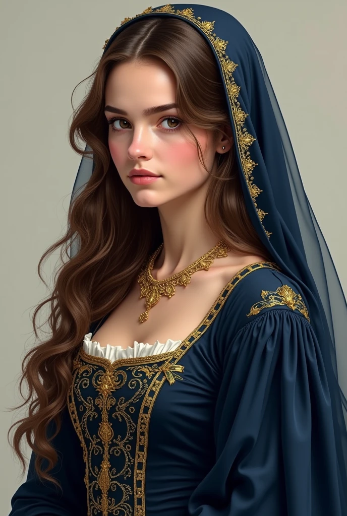Olivia Cooke wearing a medieval dark blue dress with Golden details, long brown hair, ultrarealistc, realistic, gentle smile, with a medieval veil, 2, chubby