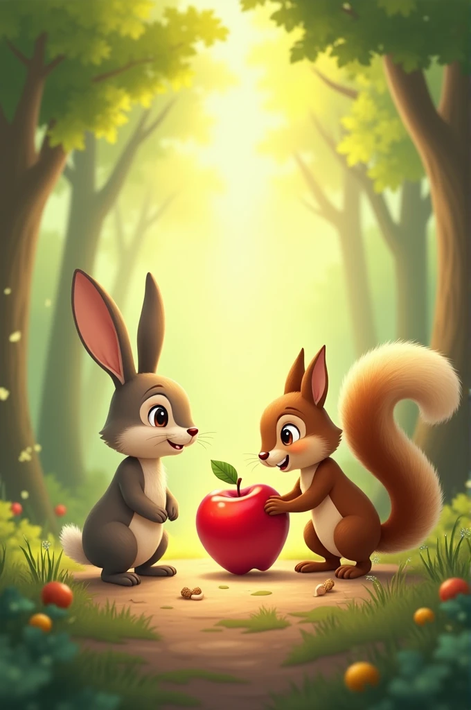 Once, a little rabbit found a shiny, red apple. He was about to eat it when his friend, the squirrel, said, "I’m so hungry! Can I have that apple?" The rabbit thought for a moment and then gave the apple to the squirrel. The squirrel was so happy and shared some nuts in return. The rabbit felt warm inside and knew that sharing made everyone happier. 

**Moral:** Sharing makes you and others happy.