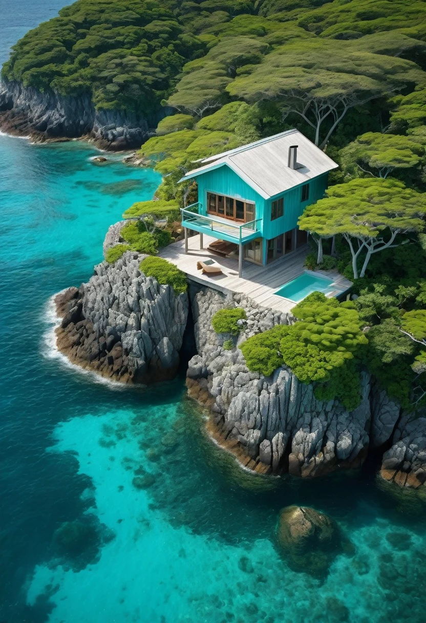 The image is an aerial view of a small house on a rocky island in the middle of the ocean. The house is made of wood and has a sloping roof with a chimney on top. It has a balcony on the second floor and a small pool on the lower level. The ocean is a beautiful turquoise color and there are small rocks and coral scattered around the island. The sky is clear and the water is calm, creating a peaceful and serene atmosphere. The image is taken from a high angle, looking down on the house and the surrounding landscape.4k realistic 