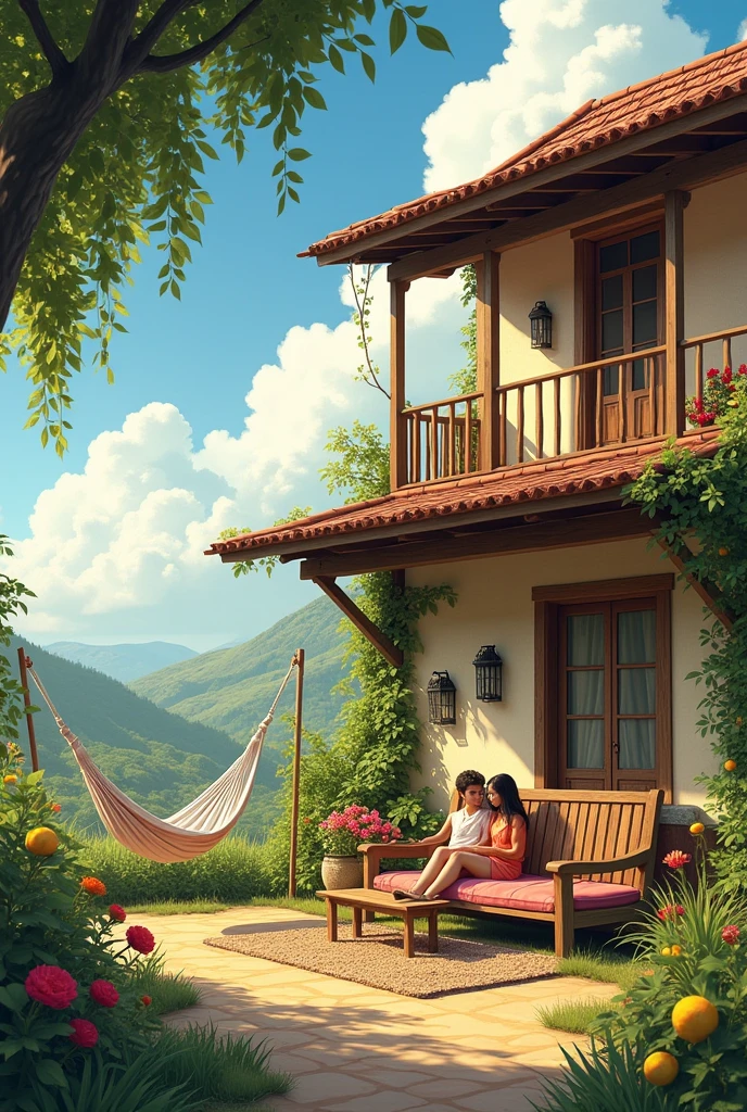 Generate an image of a single-story house in a rural area, that has a balcony around the house, with a hammock under the cover and a rustic sofa. not sofa, there is a couple sitting, falling in love. Have fruit-bearing plants around the house.
