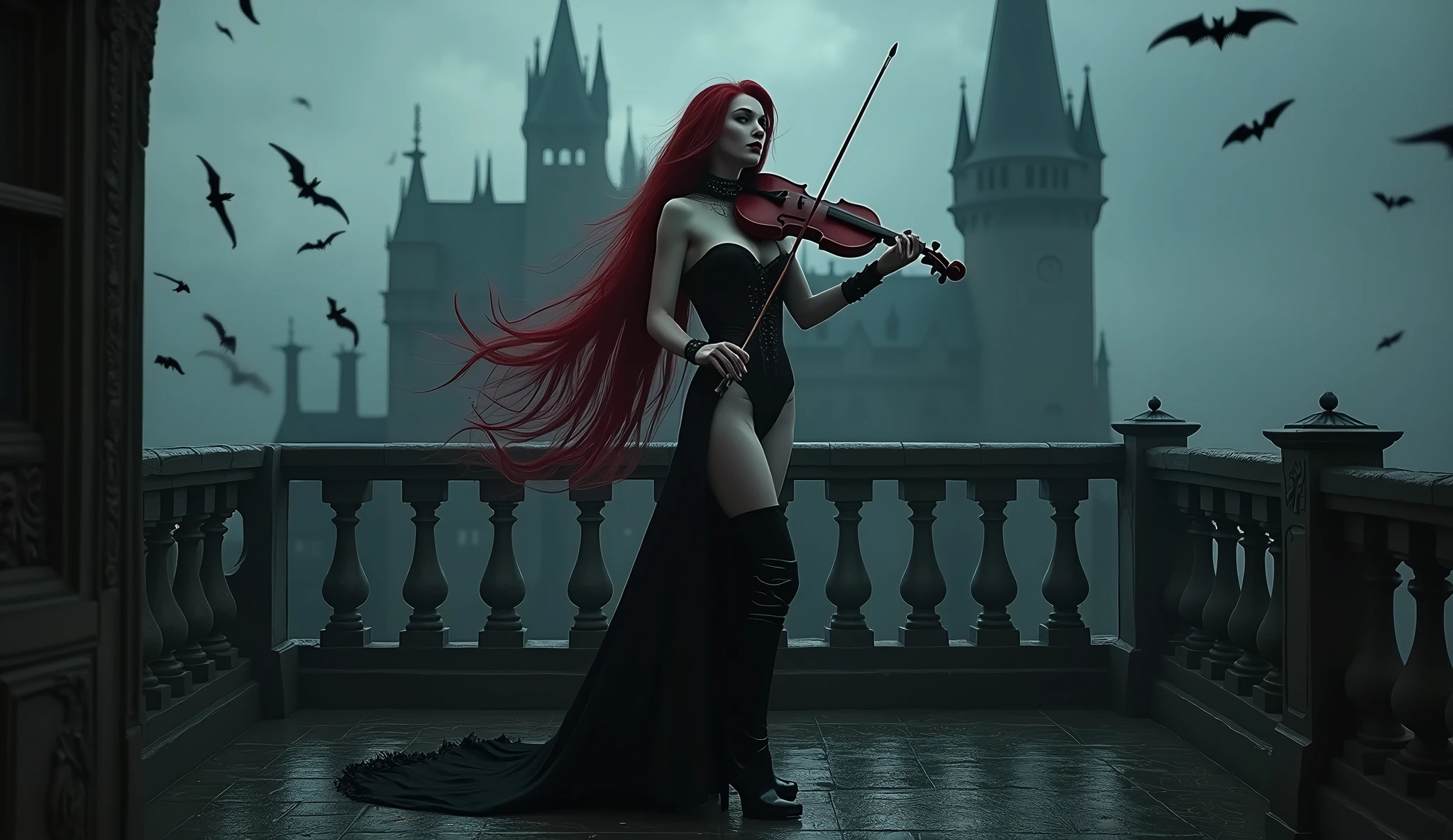 A stunning vampire queen with long, flowing crimson hair, dressed in a provocative black corset and thigh-high boots, standing on a balcony overlooking the darkened castle grounds. She holds a delicate violin, playing a mesmerizing tune that echoes through the night. Her pale skin contrasts with the dark, gothic architecture, and her red lips form a faint, mysterious smile as bats circle above. Aim for realistic depiction, make sure photos are at highest resolution (8K)