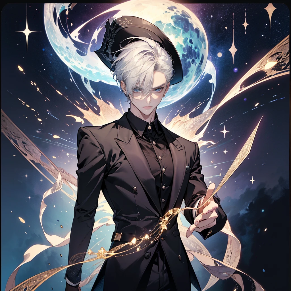 The Magician Tarot cards, (Young man, 1 man,short white hair, adult, handsome, Delicately detailed blue eyes and a detailed face., The demonic eyes stared at him., A mysterious mask covers his face., Best shots,special, (Broad shoulders)) (muscle),,night sky, Wear a black top hat.((มีTarot cardsประดับหมวก)),Stand with one arm extended and pointing towards the universe., and the other pointing down to the word. His positioning represents his connection between the spiritual realms and the material realms. The magician uses this relationship to create and manifest his goals in the physical realm.. He is the conduit for energy transformed into matter.. The magician's robe is white., It is a symbol of purity., And his coat was black., เป็นตัวแทนประสบการณ์และความรู้ทางword. บนโต๊ะตรงหน้าเขามีสัญลักษณ์สี่ชุดของTarot cards นั่นคือ ถ้วย, five pointed star, Sword and Wand – Each symbolizes one of the four elements – Water., word, air and fire. It's also a sign that he has all the tools. (and components) He needed to make his intentions known.. Overhead is an infinity symbol., And there was a snake biting its own tail around the waist. It was a sign that he could reach his limitless potential.. And the foreground was filled with all kinds of leaves and flowers., It symbolizes the blossoming and fruition of his ideas and aspirations..), Tarot cards, snake, spirit, The atmosphere is gloomy., Detailed lines, cinema, Black paper with colorful lines, luxurious, symmetrical, Tarot cards, Highly detailed, ink illustration, Peter Mohbacher's style, golden ratio, 4K ( By Alessandro Gottardo Victo I )