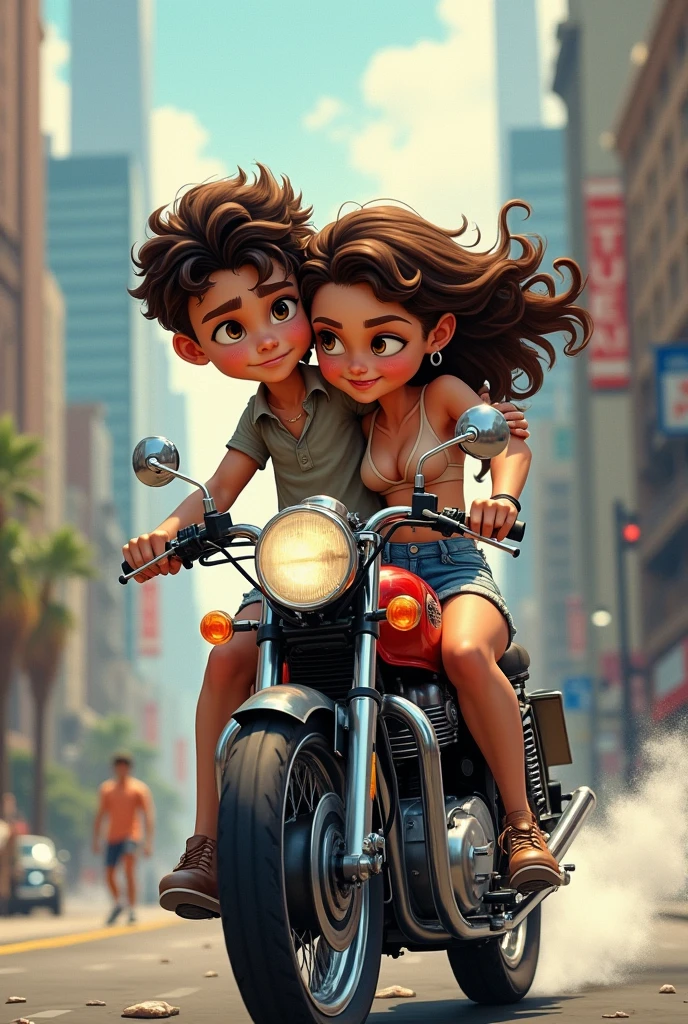 A skinny fat boy holding on the waist of a brunette girl with curly hair, big breasts while riding on a 1980s royal einfield cafe racer in a city