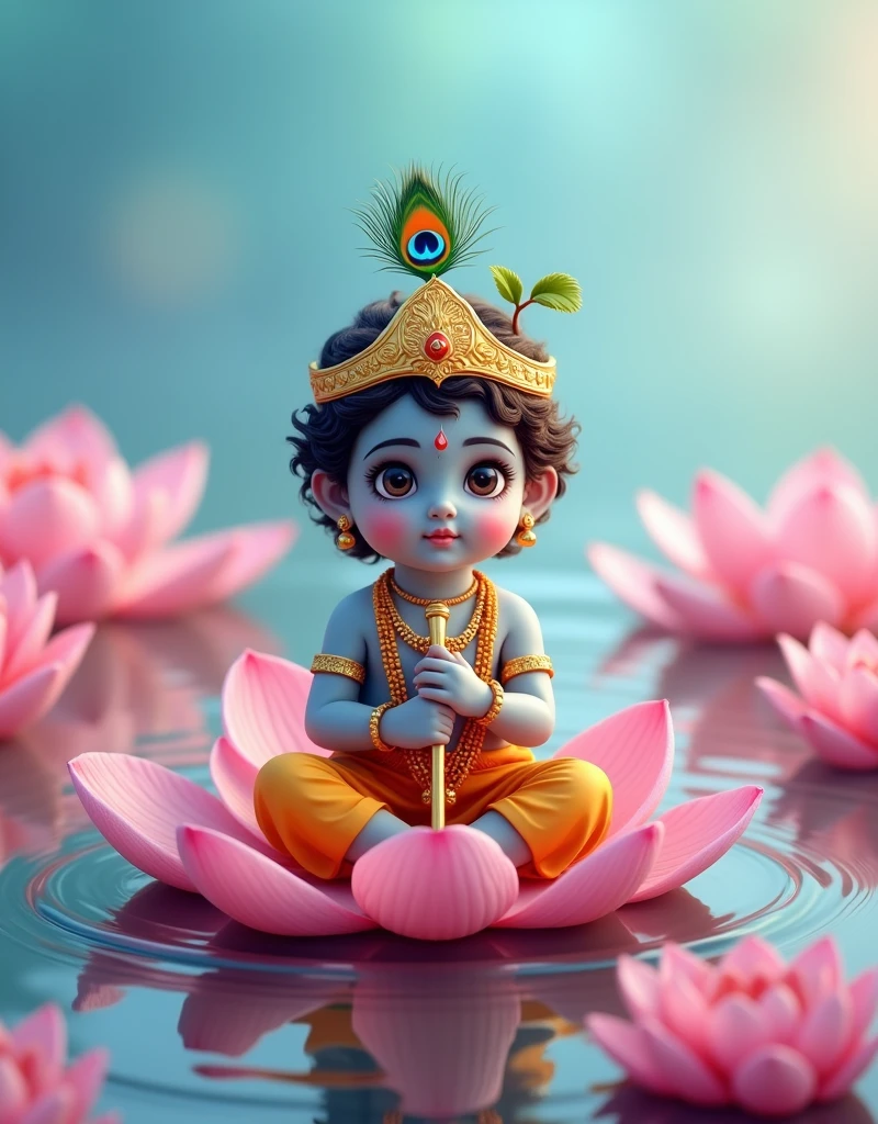 Normal Realistic image of Lord krishna as a 2 year old boy sitting on a pink lotus in a pond, various other pink lotuses seen in the pond, bright blue sky, wearing a golden crown with a peacock feather in it, and holding a flute in his hand
, bright and beautiful image, normal human face and normal human eyes, no animated eyes to be seen,create high quality realistic image, beautiful Landscape, eyes facing straight at the camera, image should ultra clear, hyper realistic, high quality 4k,