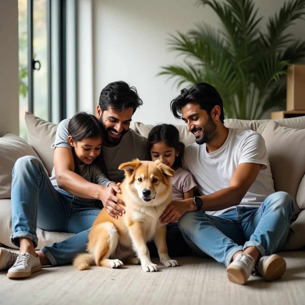 generate image of a young happy couple in their early 30's who have just moved into their new home which is designed by my interior design company. Couple is sitting on couch in their living room  and their young girl kid playing with dog near couch. Couple is Indian couple , living hall interior is modern contemporary with few indoor plants. Couple is dressed in smart western casuals like jeans and t-shirt.