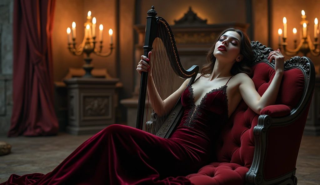 A sultry female vampire with porcelain skin, dressed in a deeply plunging velvet gown that reveals her curves. She reclines on an opulent chaise longue in a candlelit chamber of an ancient castle, holding a gothic harp. Her sharp fangs glisten as she sings a lullaby, the sound echoing through the stone walls. The atmosphere is filled with a blend of shadow and soft, flickering light, creating an aura of dark allure. Aim for realistic depiction, make sure photos are at highest resolution (8K)