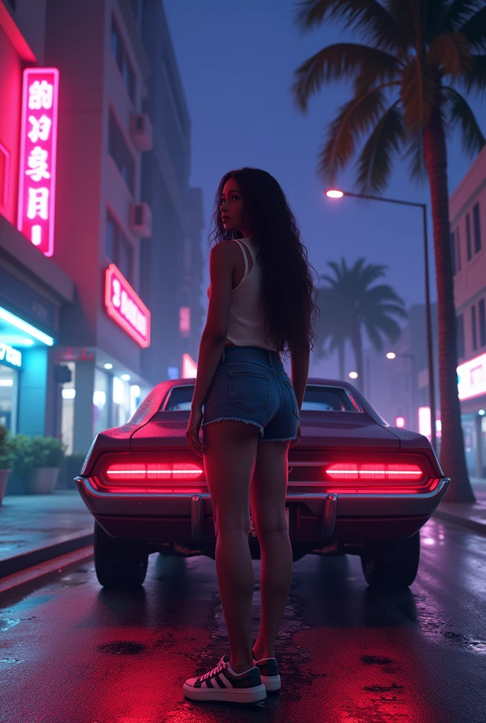 arafed woman standing next to a car in a city street, outrun art style, 80s outrun, outrun style, [ 4 k synthwave art style ]!!, miami synthwave, outrun, synthwave art, synthwave art style, gta vice city remastered, synthwave art style ]!!, synthwave style