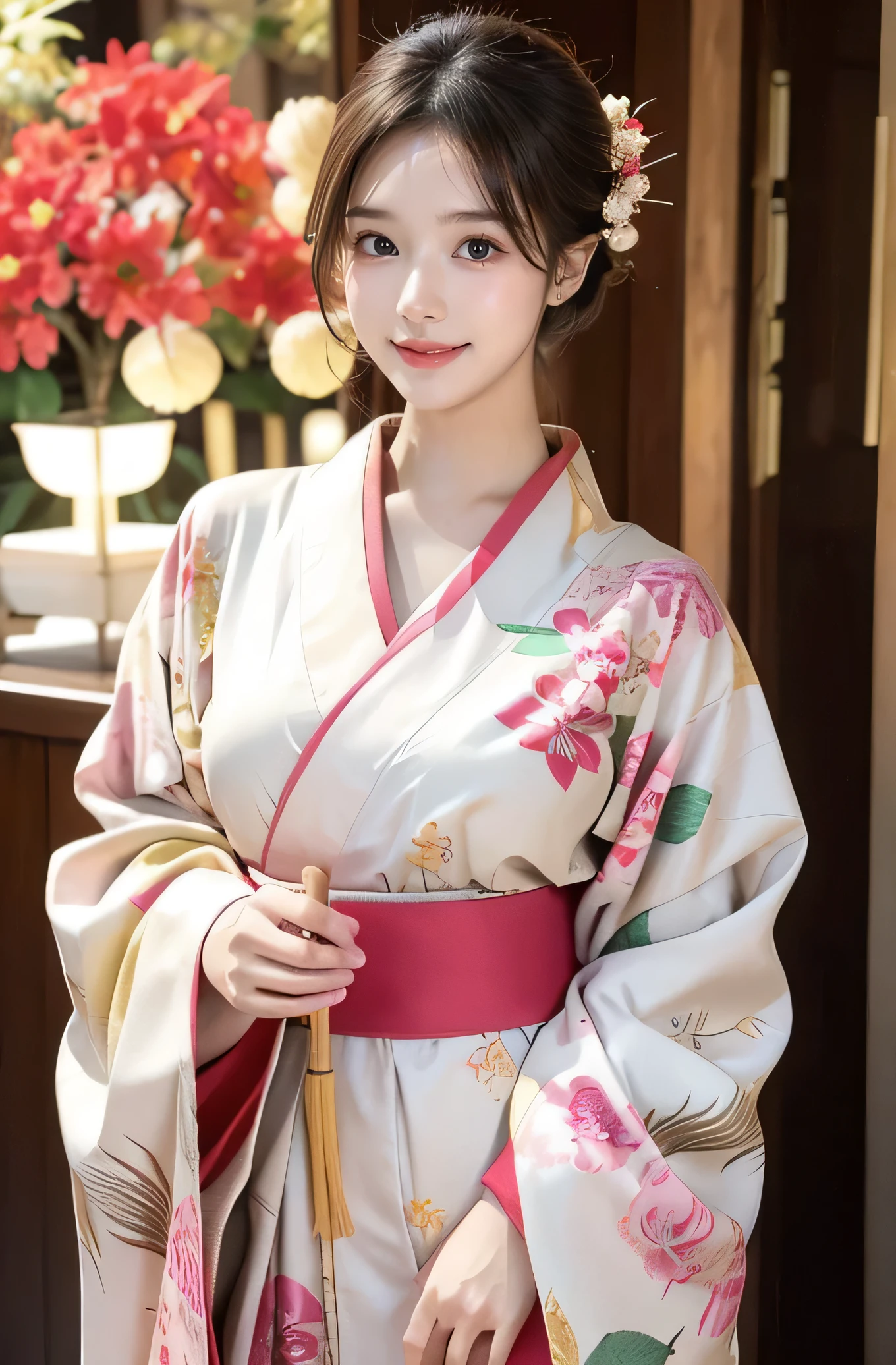 very cute girl, super cute face,clear attractive eyes, detailed Beautiful eyes,smiling, realistic photograph,gorgeous flamboyantly colored long sleeves kimono,
furisode ,very beautiful kimono,
Costume lighting