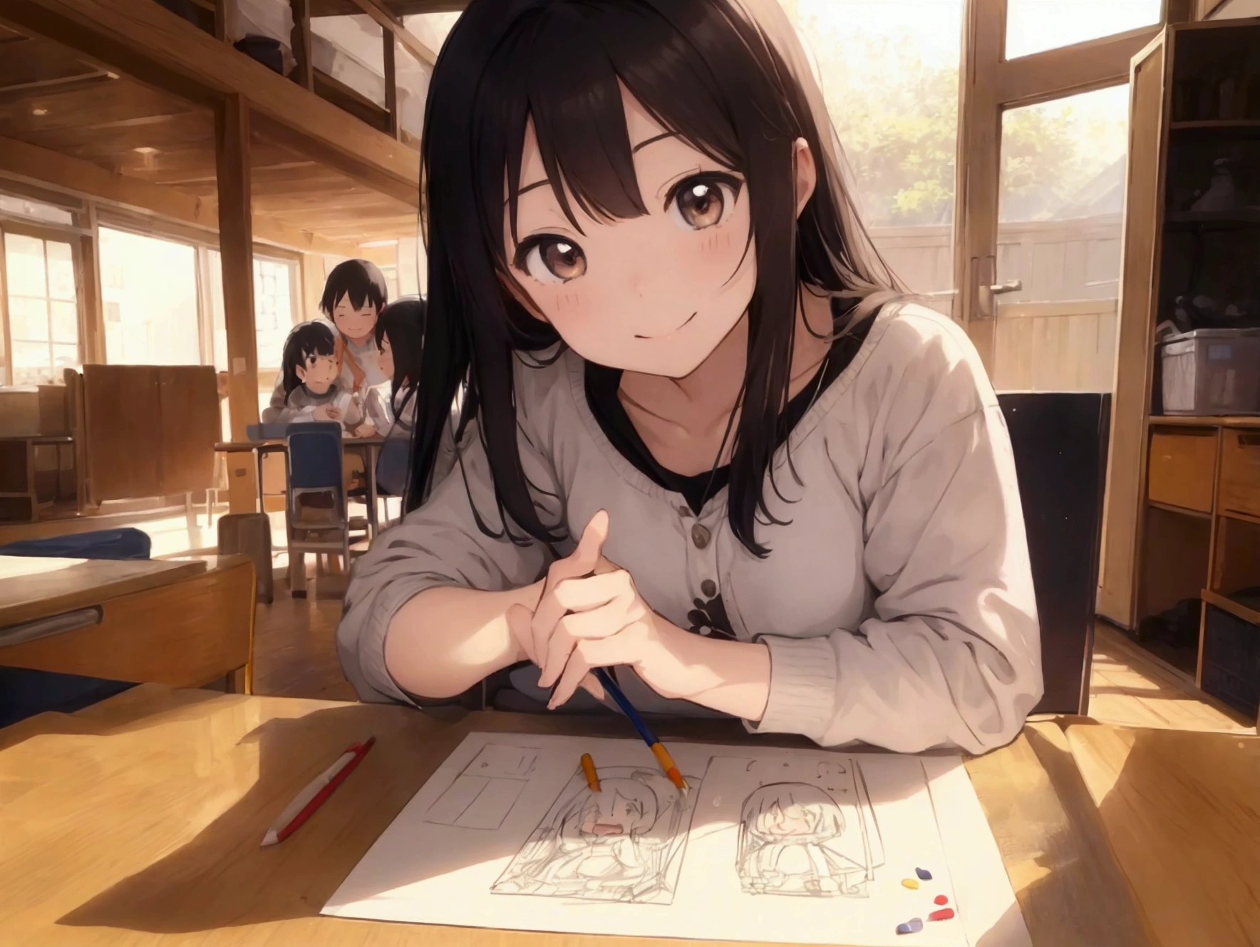 Ayaka draws a picture of her family:
「A family drawing by a in kindergarten。Smiling father、Mother、The daughter is depicted。Bright colors and a warm atmosphere。Rainbow and sun in the background」