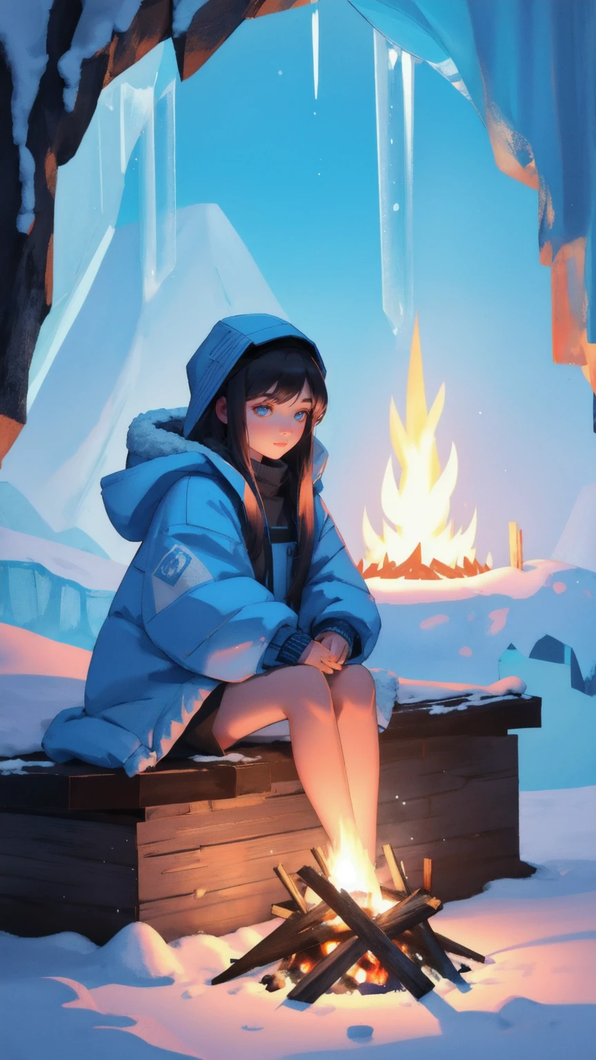 "Inside a majestic blue ice cave, a warm campfire burns brightly. Replace the Bitcoin-headed figure with a beautiful, cute girl in a stylish winter coat, sitting on a log and warming her hands by the fire. Around her, Bitcoin-branded marshmallows are placed on sticks, ready to be roasted. The soft blue light from the cave walls contrasts with the warm glow of the fire. Add the phrase 'Crypto Winter Survival Kit' subtly on a rock or log in the scene.