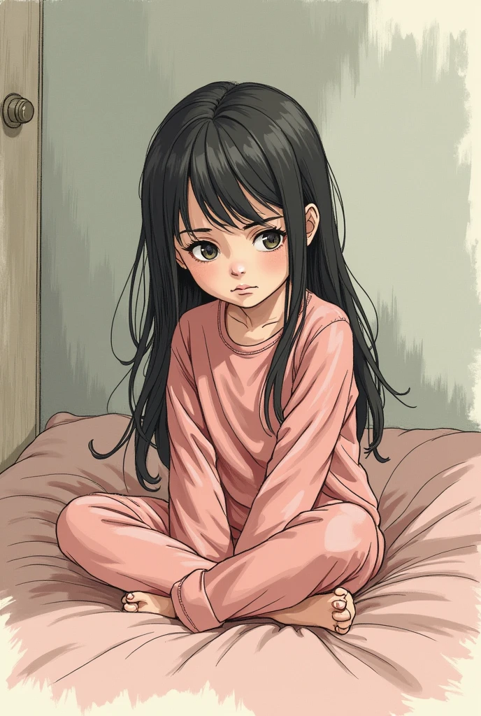 the child lock herself in her room, she felt really sad for witnessing how her parents fought with each other everytime. she's wearing pink and her hair is down. make it a drawing or a sketch like a comics. Make it much more sadder and look more like a comics. A COMICS AGAIN IT'S A SKETCH BUT WITH COLORS. A SKETCH!!