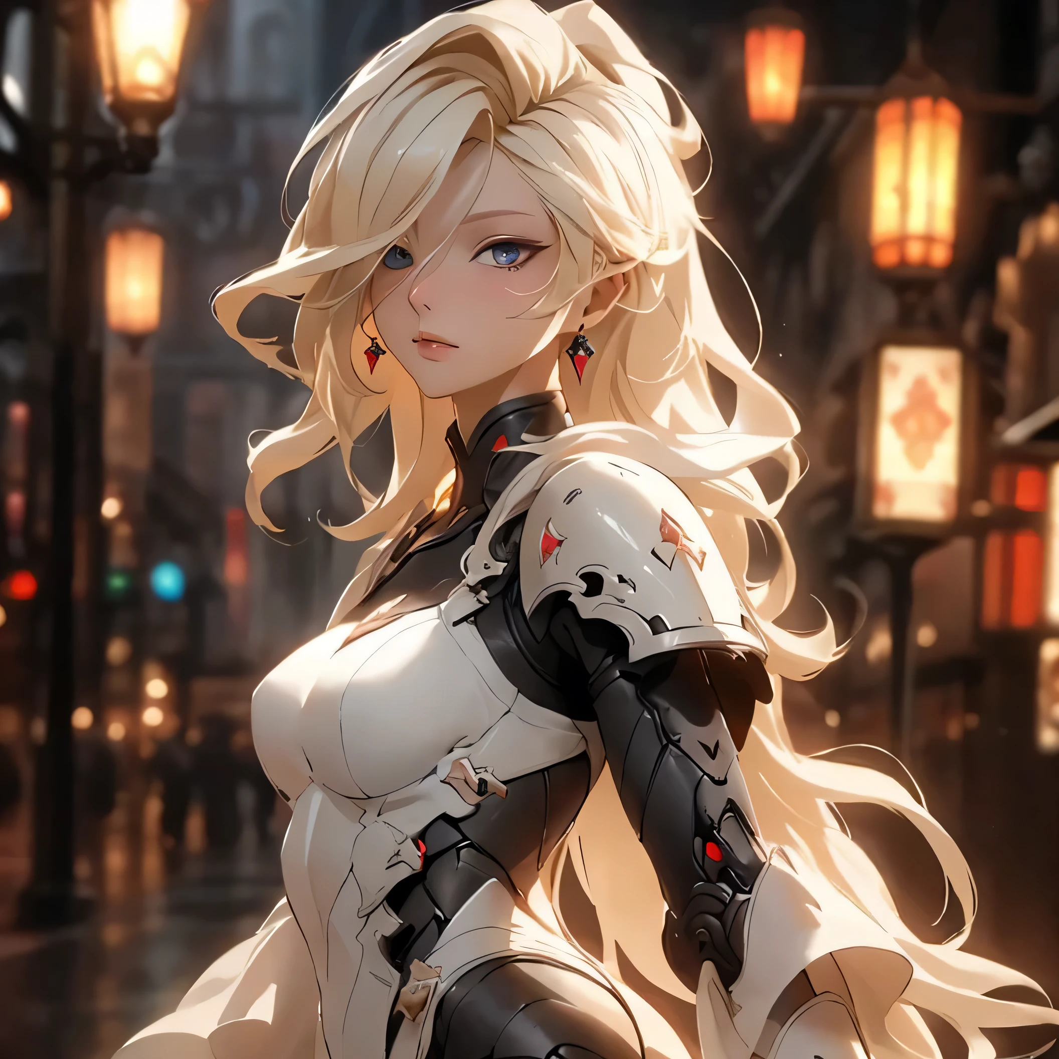 (best quality)), ((Masterpiece)), (details:1.4), 3d, HDR (high dynamic range), an image of a beautiful cyberpunk female, Blonde hair, Long hair, Red eyes, hips up, จมูกโด่ง, ปากแดง, หน้าอกใหญ่, nvidia RTX, PBR surface, After processing, Anisotropic filtration,depth of field, Maximum clarity and clarity, multi-layered surface, Subsurface scattering, perfect proportions, 8K raw files, ultra detailed, Perfect proportions, volumetric lighting, soft lighting, Holy Knight, Heavy Armor, glossy skin, gorgeous, intricate grey background, strong back lighting, jewely, ต่างหู, นิ้วมือสมบูรณ์, กระโปรงสั้น