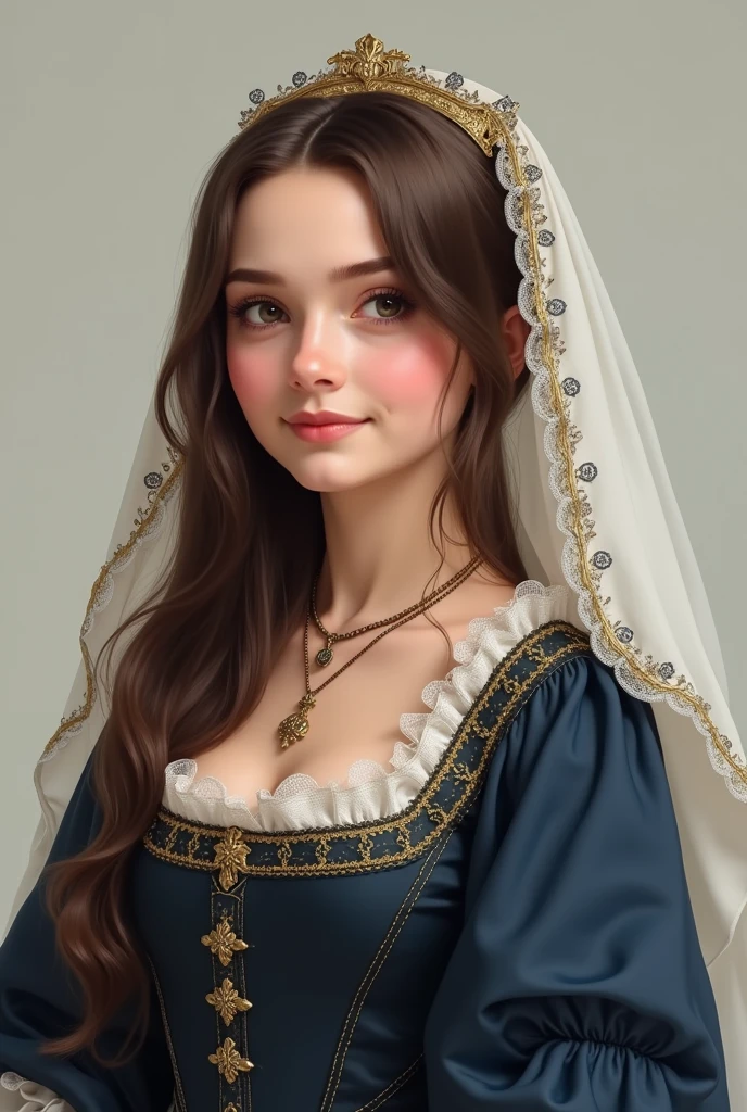 Olivia Cooke wearing a medieval dark blue dress with Golden details, long brown hair, ultrarealistc, realistic, gentle smile, with a medieval white veil, 3, chubby, note thin