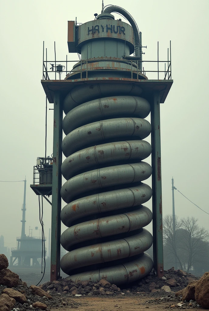 The machine looks like this and make it clear.

Central Spiral Channel A large, vertical spiral tube made from metal. On Top, a  Debris Collector rotating mechanism at the top of the spiral, capturing trash.
