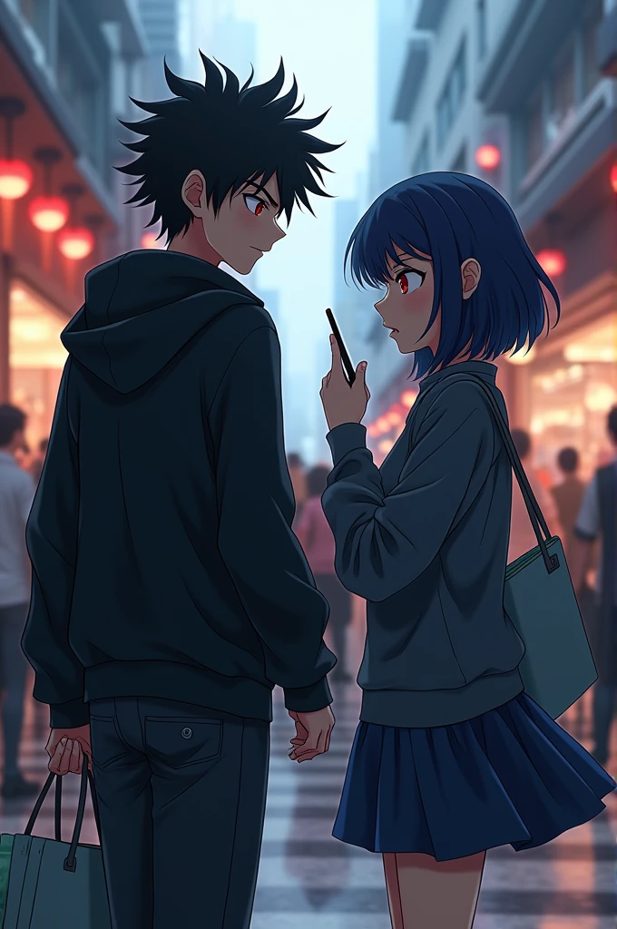 A boy ((( Anime boy , Spiky hair , black hair , black hoodie , blood red eyes , narrowed eye , carrying bags ))) , A girl ((( Anime girl , dark blue hair , modern day mullet hair style , black hoodie , red eyes , almond eye , using phone ))) , shopping background