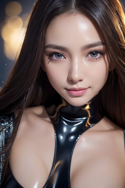 Latex bodysuit、Knee-high boots、Huge 、Long brown hair、Shiny, Oily skin、Glowing Skin、Indoor competition pool、White skin、Kimono beauty、The beauty of kimono, Body Portrait, 8k, Narrow and beautiful eyes, Dindal effect, masterpiece, 最high quality, high quality, High resolution, Very detailed photos, (Natural skin texture, Fine skin, Hyperrealism, Ultra Sharpness) , Skin with attention to detail, (Very fine, Fine skin texture, Intricate details, Beautiful Face, (A vivid face), Realistic eyes, Beautiful and detailed, Realistic Skin, Beautiful Skin, Surreal, Very detailed, Golden Ratio, Smiling Eyes, ((Night moonlight background)), Body Portrait, glamorous, Shiny Bodysuit
