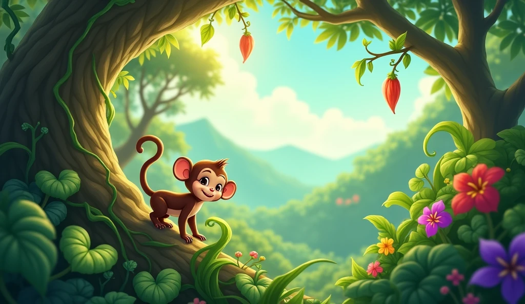 Once upon a time, in a lush, green jungle, there lived a curious little monkey