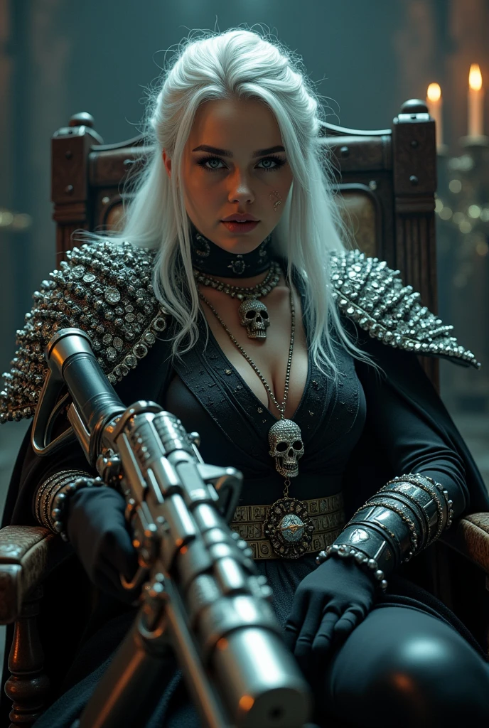 Surreal 8K 32k Realistic and ultra fantasy Very detailed Dynamic seating position Cinema Lighting 3d Clear Eyes Gem Viking Silver髪 Holds a gorgeous gun in his right hand black, Money, Silver Skull Necklace Spilling Jewels Silver髪 cute
information