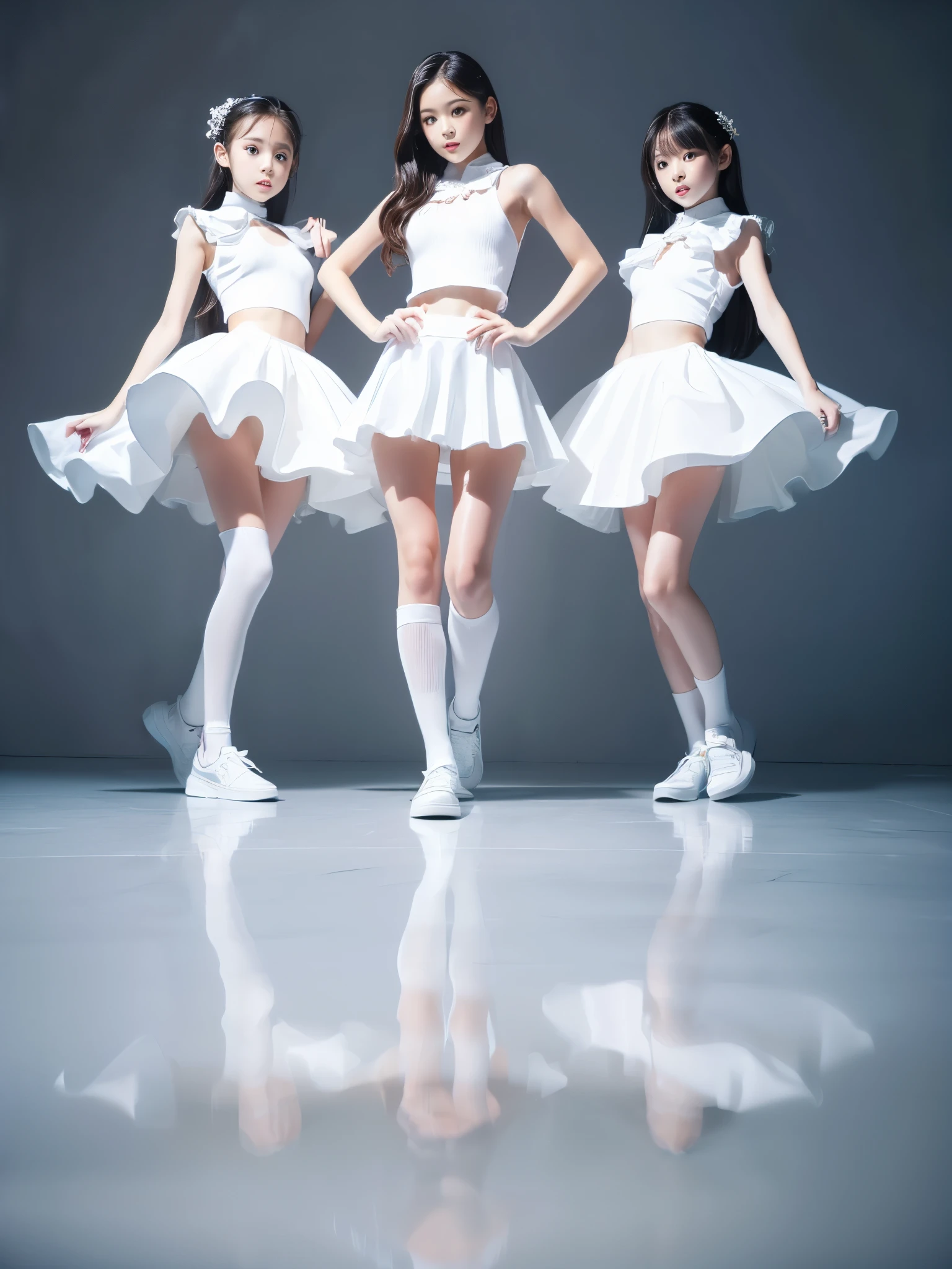 ((Full body portrait:1.5)),Three beautiful girls with  wearing pure white tight miniskirt outfits,Practicing dance with a serious look,Camera angle shooting from below,Ultra high definition,Highest quality