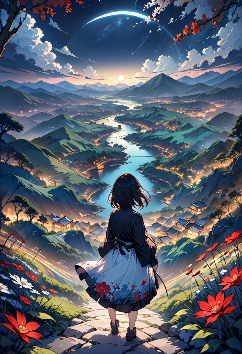 8K,high res,((back view of human)),a beautiful land scape at night ,no face