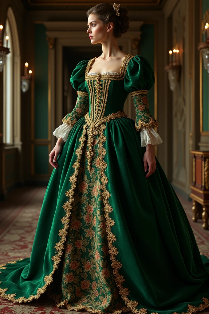 You can create an image of a dress, Inspired by the 1650's silhouette in a dark green color, with gold details
