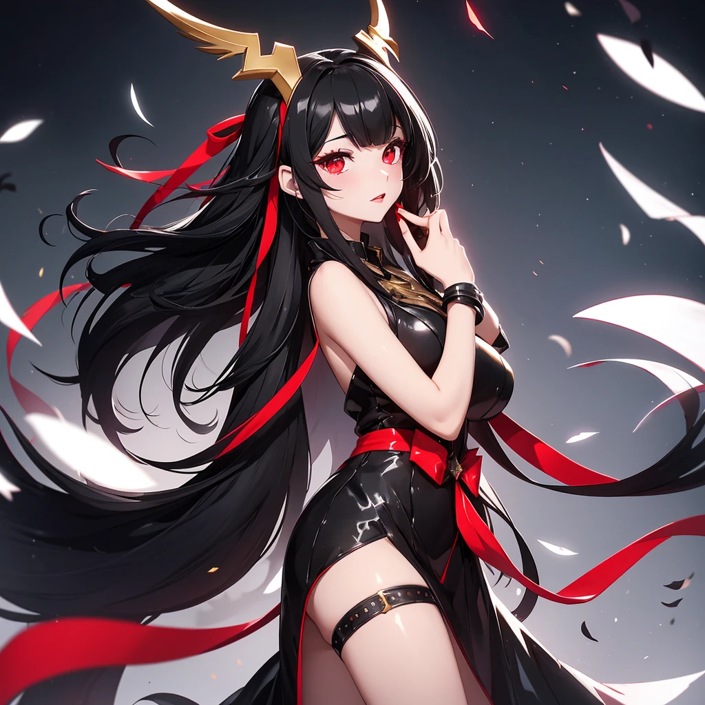 A girl with black hair with a red ribbon, black wings, a long black dress with a gold armband, white horns, black lips, and shiny red sequined shoes.