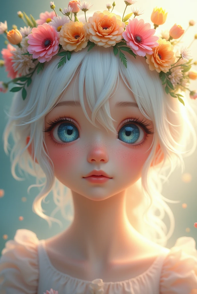 White hair, cute teenager, blue eyes, light pouring down from the front, flower crown