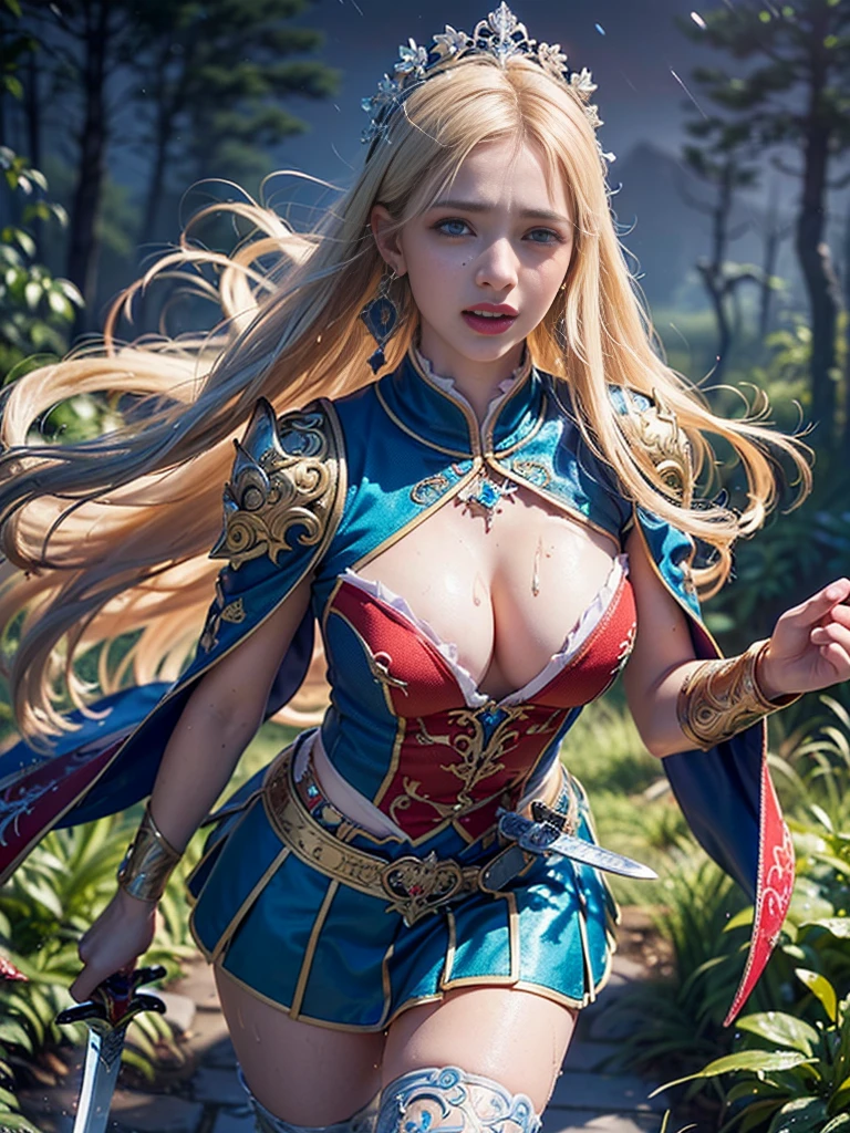 (((masterpiece, best quality))),(((high quality))),(((high resolution illustration))),(((hyper detail))),NSFW,(((Wordsworth's Sharon))),(((Very beautiful long blonde hair))),(((Very beautiful face))), ((((Detailed face)))),(((very beautiful blue eyes))),(((Realistic Skin))),(((her face is flushed))),(((slim body))),(((slim thighs))),(((small breasts))),(((very beautiful slender legs))),(((gold and ocean blue and red and black and white armor with extremely detailed and intricate decoration))),(((Blue and red and white skirt with extremely detailed and intricate decoration))),(((boots with extremely detailed and intricate decoration))),(((cloak with very detailed and intricate decoration,))),(((beautiful earrings))),(((beautiful hair ornaments))),(((in the old dark deep forest))),(((late at night:1.4))),(((wet her skin))),((Sharon is crying with tears streaming down her face:1.2))),(((running))),(((have one big beautiful sword:1.3)))