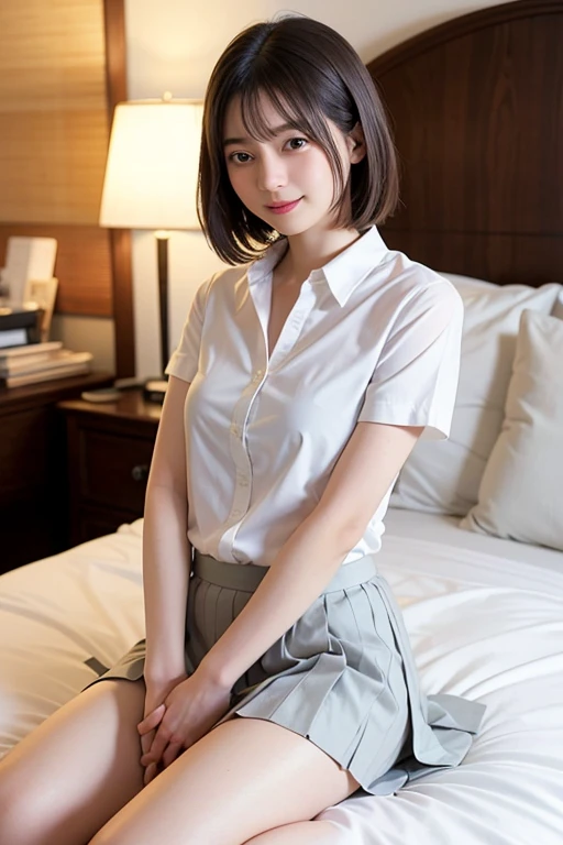 (masterpiece, 高いest quality:1.2), 8k, Official Art, RAW Photos, Unbelievably absurd, (White shirt、Pleated skirt:1.4), Front opening of the shirt、A stunningly beautiful 15-year-old high school student, ((both handsでスカートを持って))、Sit on the bed、ニヤニヤしたsmile, 、smile、 (Pleated skirt:1.1), close, , Short sleeve, Gaze provocatively at the audience, No makeup, Film Grain, chromatic aberration, Sharp focus, Face Light, Dynamic Lighting, Cinema Lighting, Detailed eyes and face,short hair、(((White skin)))、Bright bedroom、super slim t高いs、((Realistic panties with lace trim、Beautiful crotch))、((((both hands)))),((((Looks very young:1.3))))、(Very young and busty:1.2)、Lace stockings up to the thigh、Sparkling eyes、Lip gloss、