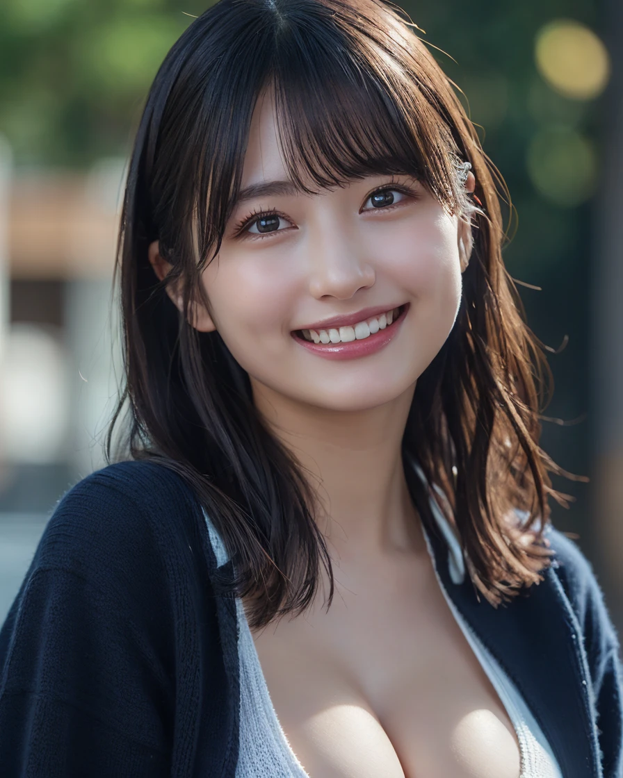 (8k, RAW Photos,Highest quality, High resolution:1.1), (Ultra-realistic:1.4),(Realistic, Realistic:1.3),((smile:1.3))、(cleavage-enhancing:1.2),(face forcus:1.5)、Knitted cardigans
