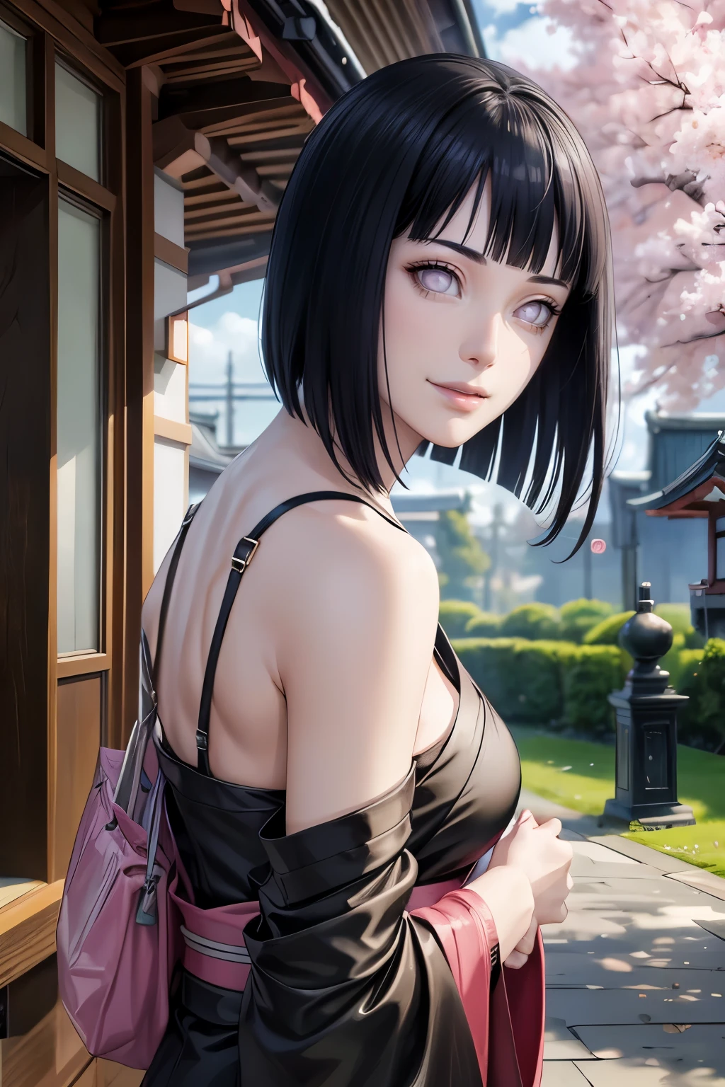 (best quality,4k,8k,highres,masterpiece:1.2),ultr
a-detailed,realistic,photorealistic:1.37,detailed
eyes,beautiful detailed lips, pale, hinata hyuga from Naruto wearing beautiful black kimino, perfect figure, attractive rounded breasts, smiling, puffy lips, posing in cloudy weather, in front of japanese temple, people in the background, outdoor ,clouds, cherry blossom trees, green trees, sakura falling, posing with a bag, short hair, realistic hands, realistic hair, realistic nose, realistic lips, improve fingers, dark cloudy weather with no sunshine, wearing full sleeve kimono, japanese traditional dress, rainy clouds , black kimino, too many people, no sunight dark weather, black dress