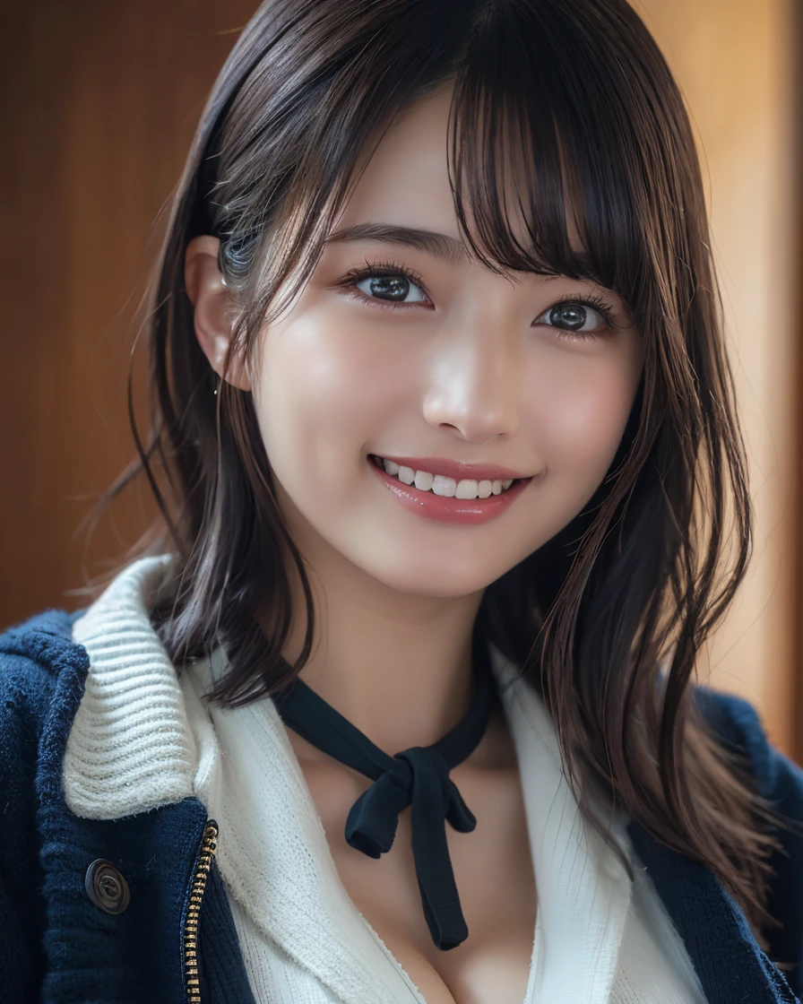 (8k, RAW Photos,Highest quality, High resolution:1.1), (Ultra-realistic:1.4),(Realistic, Realistic:1.3),((smile:1.3))、(cleavage-enhancing:1.2),(face forcus:1.5)、Knitted cardigans