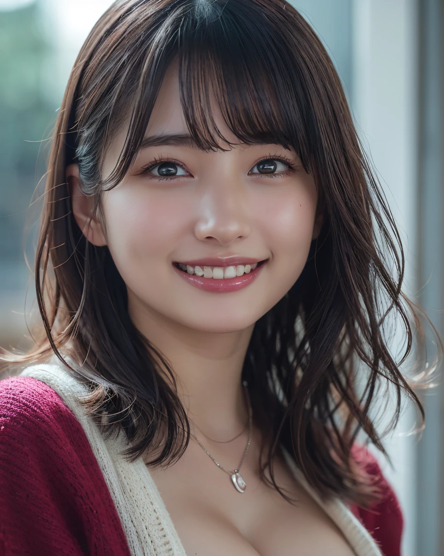 (8k, RAW Photos,Highest quality, High resolution:1.1), (Ultra-realistic:1.4),(Realistic, Realistic:1.3),((smile:1.3))、(cleavage-enhancing:1.2),(face forcus:1.5)、Knitted cardigans