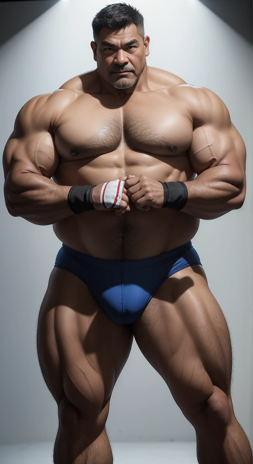 Middle age，the only person，male people，Muscle wrestler，musculous，Stout wrestler，Asian people，Uncles，Middle age 60，tall，Long legs，Short hair details，Short hair details，Wrestling Bootle Mannequin，Panorama characters，WWE ring，WWE American professional wrestling，spotlight lights，cellshading，imagining，briefly，age 55，short mustache,Middle age，tattoo iingerless gloves，Wheat-colored skin，oilly skin，Dark skin，Show off your chest muscles，Sumo wrestler，body builder，Wide sideburns，Pronounced abs，ssmile，kouzi lake，White hair，（Full body like：3），Hands are very thin，solid color backdrop，with a pure white background