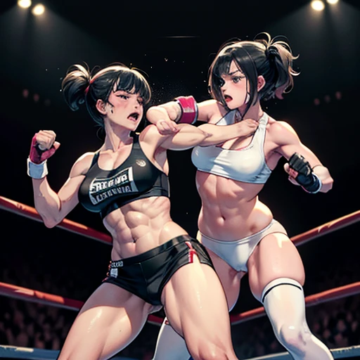 {they are striking each other's face by hard punch}, they are thrusting forward so powerfully. two {bloody}beautiful young female heavyweight fighters are fighting by extreme bareknuckle boxing in the octagon fighting ring of underground arena with audience. A fierce exchange of dynamic punches. they are beating each other so hard. survival battle. whole body picture. they are covered in scars and bruises. they are damaged terribry. Short-cut black hair, out of breath, drooling from mouth, one eye is closed, exhausted, drenched in sweat. Erect nipples. open finger glove. Ragged white and pink lined sports bra, high leg panty, Stockings. armwarmers. Whittled waistline, muscular, six-pack abs, very thick arms and thighs, super huge tits.