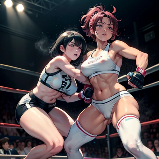 {they are striking each other's face by hard punch}, they are thrusting forward so powerfully. two {bloody}beautiful young female heavyweight fighters are fighting by extreme bareknuckle boxing in the octagon fighting ring of underground arena with audience. A fierce exchange of dynamic punches. they are beating each other so hard. survival battle. whole body picture. they are covered in scars and bruises. they are damaged terribry. Short-cut black hair, out of breath, drooling from mouth, one eye is closed, exhausted, drenched in sweat. Erect nipples. open finger glove. Ragged white and pink lined sports bra, high leg panty, Stockings. armwarmers. Whittled waistline, muscular, six-pack abs, very thick arms and thighs, super huge tits.
