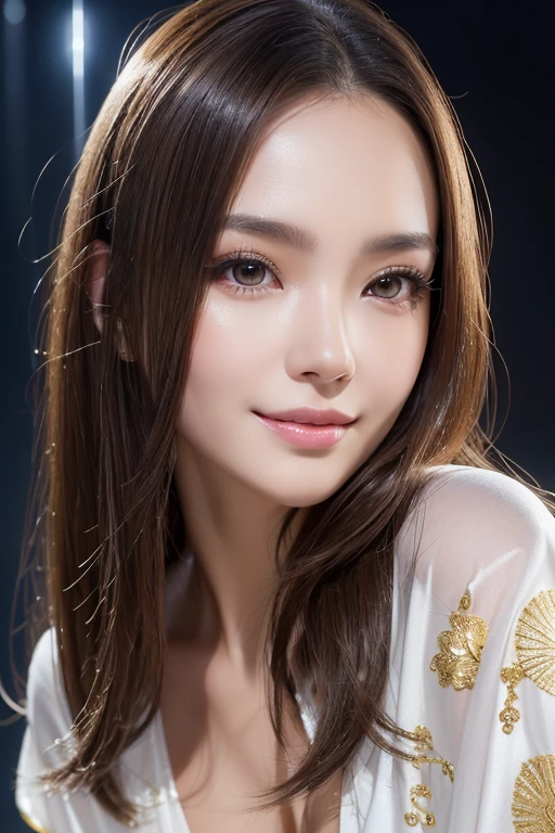 Latex bodysuit、Knee-high boots、Huge 、Long brown hair、Shiny, Oily skin、Glowing Skin、Indoor competition pool、White skin、Kimono beauty、The beauty of kimono, Body Portrait, 8k, Narrow and beautiful eyes, Dindal effect, masterpiece, 最high quality, high quality, High resolution, Very detailed photos, (Natural skin texture, Fine skin, Hyperrealism, Ultra Sharpness) , Skin with attention to detail, (Very fine, Fine skin texture, Intricate details, Beautiful Face, (A vivid face), Realistic eyes, Beautiful and detailed, Realistic Skin, Beautiful Skin, Surreal, Very detailed, Golden Ratio, Smiling Eyes, ((Night moonlight background)), Body Portrait, glamorous, Shiny Bodysuit