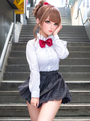 ((Highest quality, High resolution, Pixel perfect, 4K))), 1 female, Beautiful woman、I could see the whole body、Go down the subway stairs、There are many commuters、 ((ponytail, bangs, Brown Hair)), ((Brown eyes, Beautiful eyelashes, Realistic eyes)), ((Detailed face, blush:1.2))、((Anime CG style)), beautiful and big breasts、Perfect body, ((Red bow tie, Black open jacket, White shirt, Checked mini skirt)), Embarrassed expression、 (The wind is blowing my skirt away:1.3)、(White lace satin panties:1.05), diagonal angle, Dynamic Angle、Naughty wind