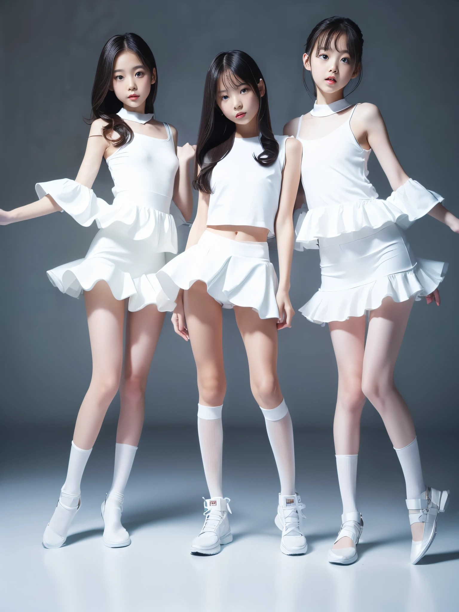 ((Full body portrait:1.5)),Three beautiful girls with baby faces wearing pure white tight miniskirt outfits,Practicing dance with a serious look,Camera angle shooting from below,showing panties,Ultra high definition,Highest quality