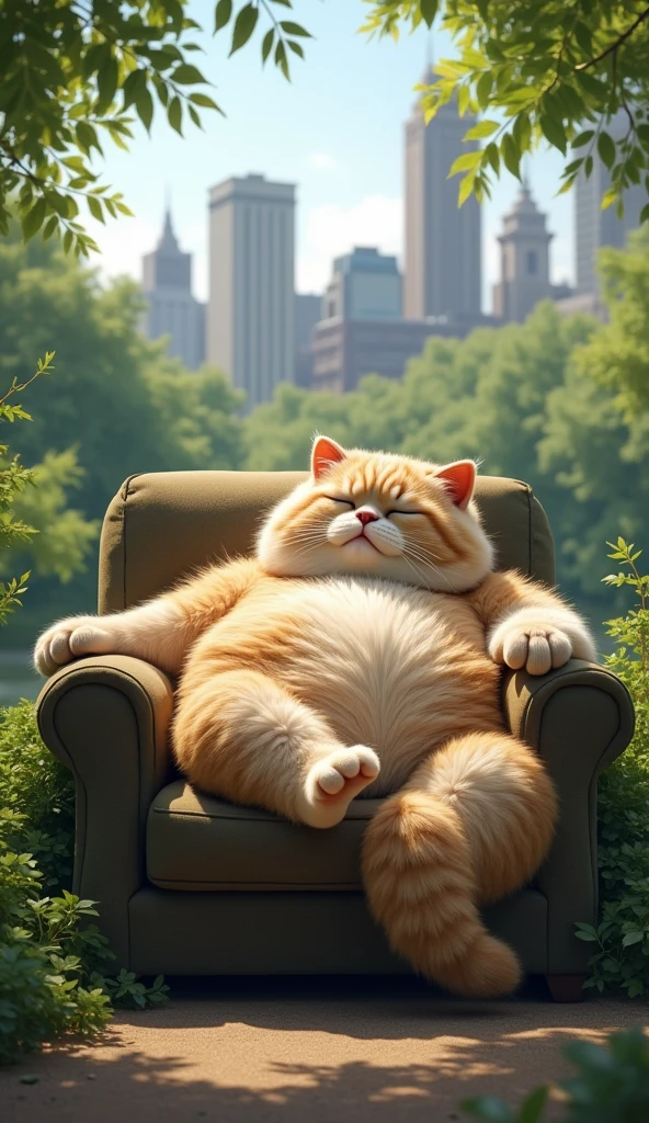 Newspaper photo\(realistic big fat cat sitting on chair at central park) chill out, feeling sleepy, at central park side, color photo\)