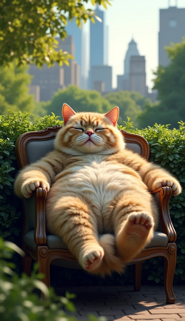 Newspaper photo\(realistic big fat cat sitting on chair at central park) chill out, feeling sleepy, at central park side, color photo\)