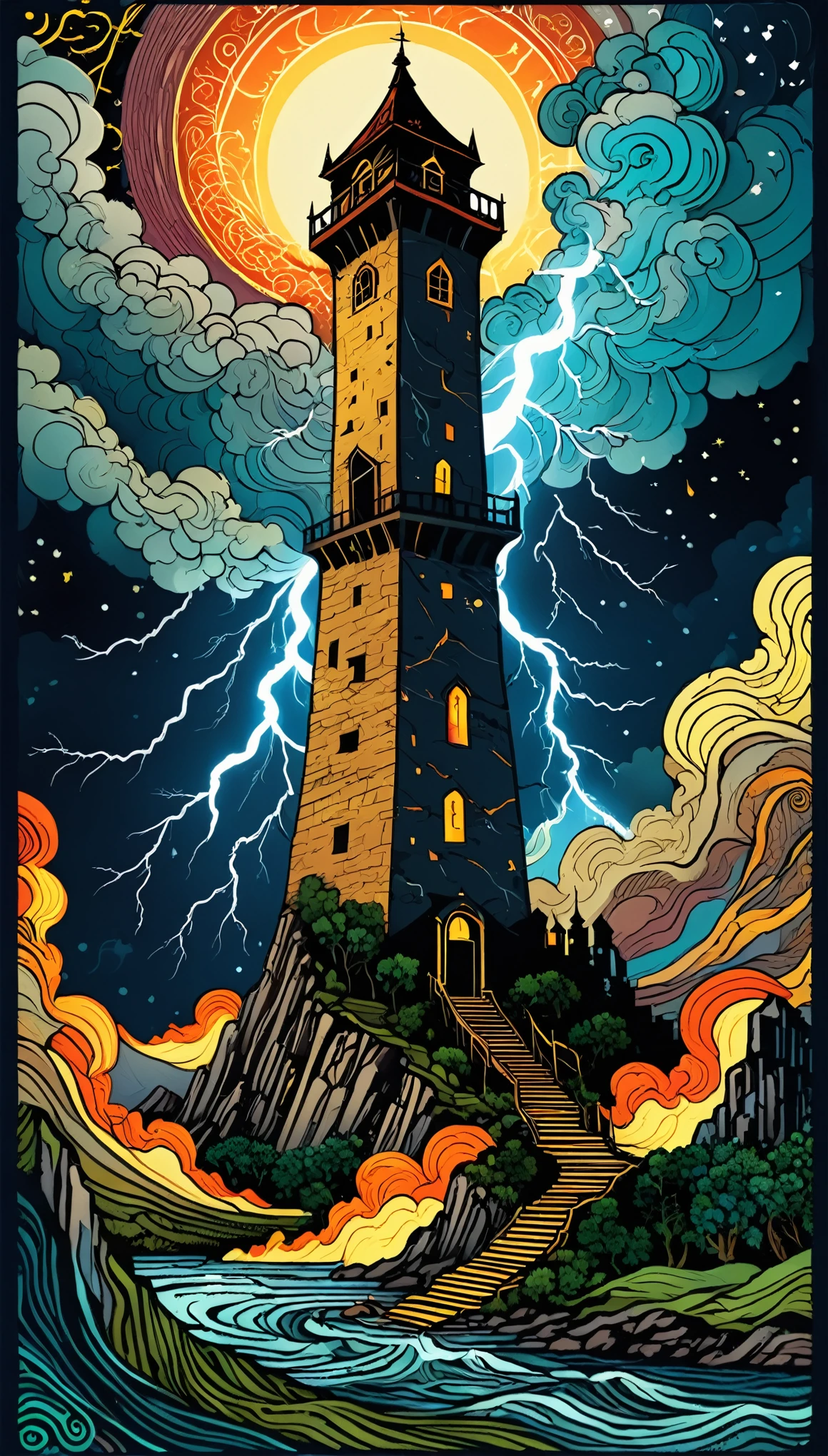 tarot cards:tower:An illustration,((lightning strike)),Tower destroyed by lightning,Adobe Illustrator,draw with thick lines,rich colors,mysterious,,masterpiece,The highest masterpiece,Light and shadow,draw carefully,calm colors,fantasy,Dark Fantasy,rendering,,zentangle elements