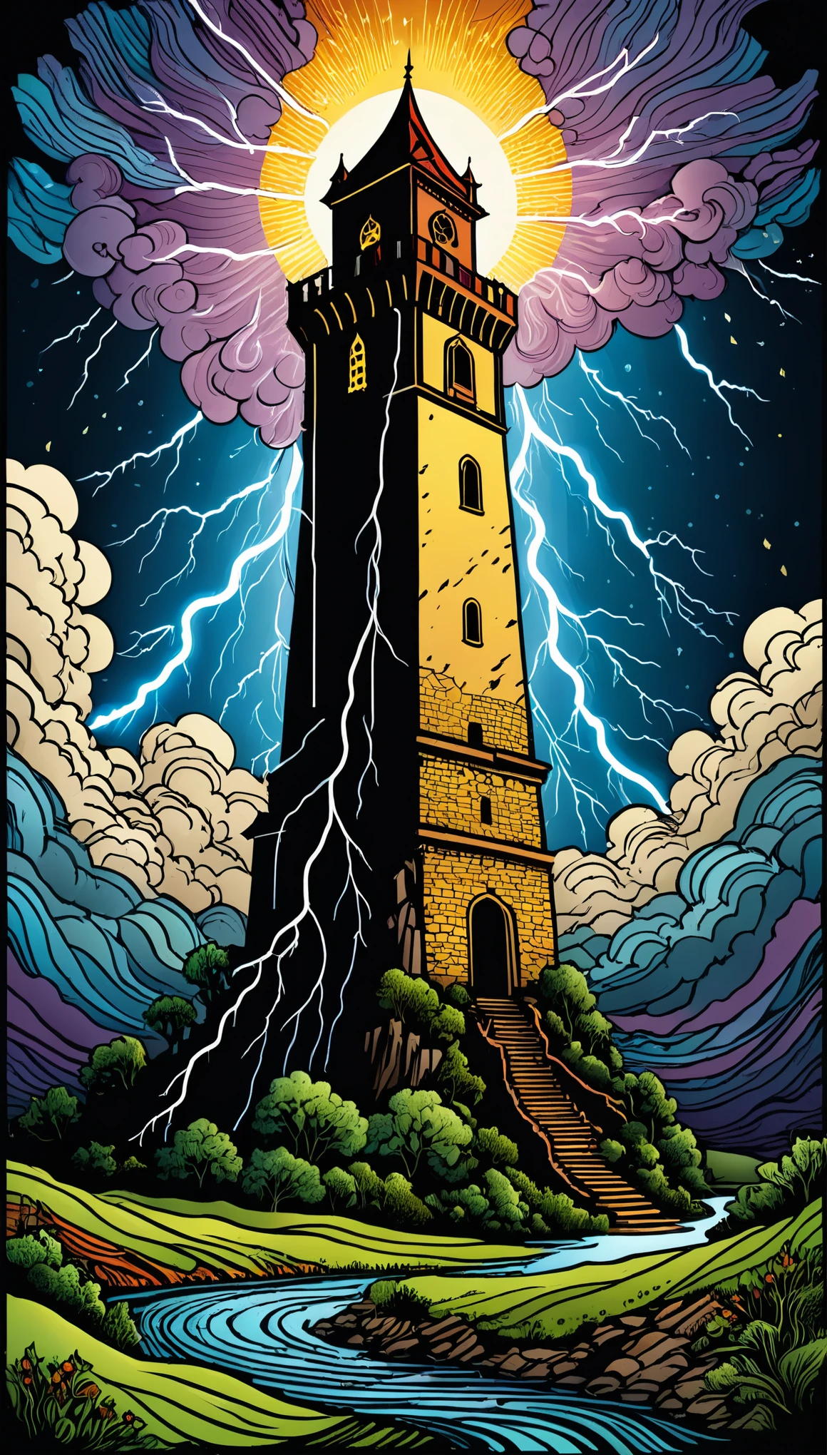 tarot cards:tower:An illustration,((lightning strike)),Tower destroyed by lightning,Adobe Illustrator,draw with thick lines,rich colors,mysterious,,masterpiece,The highest masterpiece,Light and shadow,draw carefully,calm colors,fantasy,Dark Fantasy,rendering,,zentangle elements